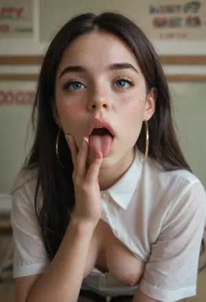 solo, ((19 year old Irish brunette, Violet parr, very freckled, round face)), white silk shirt open all the way, black stockings, hoop earrings, ((open mouth, tongue out)), ((very red and symmetrical lips, full luscious lips, round light pastel blue eyes, greek nose, very detailed long hair, small pointy breasts, large cold puffy nipples, big puffy areola, natural skin tone)), perfect fingers and hands, college classroom, detailed background