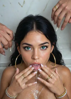 (Long Manicured polish nails:1.6), (hand job several thick cocks while are shoting excessive cum over female face:1.6), fashion engagement design ring with a diamond on her ring finger, ((lots of rings with a diamonds on every finger:1.8)), hoop earrings.Green eyes, cum on female lips, natural lipstick on the lips, a lot of sperm, (((she wear lots of very detailed small diamonds rings in every finger:1.6))), (excessive cum ejections:1.5), (long black hair:1.5), (very long perfect manicured polish nails:1.5), long black hair, hoop earrings, lots of necklaces, huge dark nipple slip, Woman with big clear blue eyes, perfect shy candid face, slim body, slim thighs, beautiful very long clear brunette slim hair pulled back neatly, excessive cum ejections from cocks, 10 men bukkake, Their large cocks are blasting thick gooey cumshots towards her face and body, dark hair, extremely beautiful face, extremely puffy hard nipples and dark pink large aerola, freckles, full lips, thick lips, ultra high details, looking at viewer, award winning photo, lying back, naked with legs wide open, (erect puffies nipples:1.5), hairy pubis, (puffy pussy lips), excessively covered in extreme thick goey cumshots, cum, on, face, realistic thick cum on face and hair, excessive cum pouring from pussy, but, longnips, <lora:BUT_SDXL_SHS:.8>, <lora:longnipsxl:1>