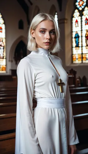 ((Angel woman in the charch)), 20 years old, perfect lighting, perfect skin, surreal, 8k resolution, super detailed, Instagram model, professional photography, egirl make-up, Sleek Straight short blond hair, sexy hot exposed the nun's robe, Nordic, lifelike face, slim, slim body, athletic body, <lora:FF-Latex.ID-XL-011.bf16:.8>