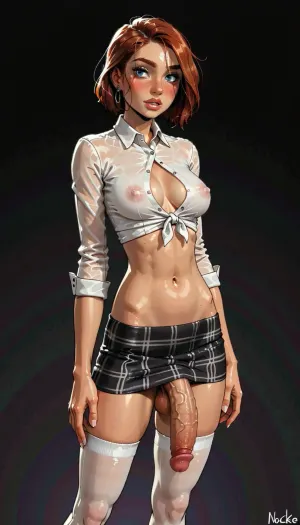 (reiq meets innv and Jack cayless art style), (Incase style:1.2), beautiful futanari, reddish brown hair, short bobbed hair, ((wide hips)), (athletic body:1.4), (skinny legs:1.1), symmetrical blue eyes, snub nose, plumb lips, parted lips, teeth visible, half-closed eyes, large perfect natural teardrop breasts, (erect nipples:.9), beautiful curves of the body, realistic detailed, deep insertion, intim light, (simple dark background:1.8), skin texture, 1girls, (((solo))), ((plaid skirt:1.3)), ((massive flaccid cock showing from under skirt)), precum, saggy testicles, pubic hair, (white skirt), (plain white thigh socks:1.4), ((tight white cropped button down shirt:1.4)), (underboob:.7), (side view), (front view), futuristic-fantasy-anime, incase, style, futacock, <lora:sd_xl_turbo_lora_v1-64dim:2>, <lora:futureistic_fantasy_anime_sdxl_v1:2>, <lora:Incase_Style__SDXL:2>, <lora:FutaCockXL:.8>