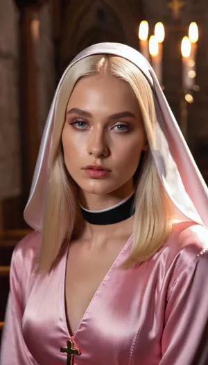 ((Angel woman in the charch)), 20 years old, perfect lighting, perfect skin, surreal, 8k resolution, super detailed, Instagram model, professional photography, egirl make-up, Sleek Straight blond nun’s hairstyle, pink satin, sexy hot exposed the nun's robe, Nordic, lifelike face, slim, slim body, athletic body, <lora:FF-Latex.ID-XL-011.bf16:.8>
