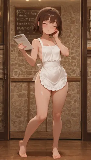 Frisk from undertale, ((Frisk's face stoic expression)), (Friks's eyes), ((Frisk closed eyes)), Frisk is wearing white waitress apron on top of her, completely nude, 20 years old, beatiful body, (Frisk's bare feet), cozy cafe, She is standing, she is holding a small notepad in her hand, she is holding a pencil in her other hand, she is looking at viewer, masterpiece, very detailed image, 4k image