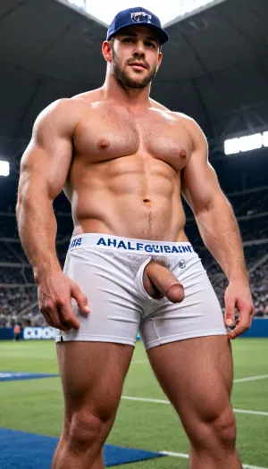 Natural geographic photo, Hyper-realistic detailed male anatomy fine body hair, sweat droplets on skin, 16k resolution, (masterpiece, award winning artwork), Wide range of colors, high Dynamic. cinematic still . emotional, harmonious, vignette, highly detailed, high budget, bokeh. Soft cinematic one shot focus dark shadows, silhouette of a 20yo muscular stuble ruggid large very Hairy chested Latin American man, wearing very tight sweat soked sheer red and white american football outfit, wet shorts fabric realisticly streching curving around his very large penis, the natural cresses around buldge wait hanging down with gravity, black realistic hair, smooth clean edges providing defined edges of his defined large male anaotomy muscular bodybuilder figure with enormous hairy pecs, and large biceps, he stands in a relaxed position leaning back against a supporting structure such as a football goal post of an empty sports stadium in the darkness that surrounds him, his beautiful silhouette is lightly high lighted by a white glowing bokeh glow . his football helmet is thrown on the ground. low Angle upwards "POV Vuiw focasing on crotch area Emphasizing his male pysique".