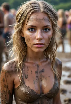 Beautiful violet-eyed blonde hippy girl, groupie for a rock band, (((covered in mud))), purple streak in her hair, covered in mud, in a muddy field at a music festival, lip gloss, pouty lips, large perky tits, toned abs, skinny waist, large, breasts, big, boobs, huge, tits, detailxl, <lora:MJ52:.8>, <lora:bombshell_v2:.3>