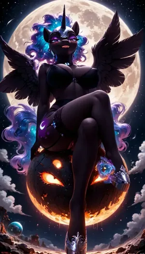 (nightmare moon), MILF, (((pony))), developing hair, half-closed eyes, eyes glow, horn glows with magic, makeup, smile, showing teeth, alicorn, raised big wings, perfect tail, red painted lips, rosy cheeks, furry, anthro, hooves horse, hooves on the feet, big breast, pussy, Anfisa, erect nipples, black nipples, fly in space, among the stars, sitting on the moon ball, view from below, side view, black bra, garter belt, black stockings, pink pussy, crossed legs, silver horseshoes, <lora:Pony_MLP_v1.8SDXL:.8>, <lora:Anfisa_Fox_Riot-XL:1.9>, <lora:LCMTurboMix_Euler_A_fix:.8>, <lora:princess_xl_v2:.8>