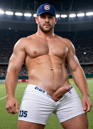 Natural geographic photo, Hyper-realistic detailed male anatomy fine body hair, sweat droplets on skin, 16k resolution, (masterpiece, award winning artwork), Wide range of colors, high Dynamic. cinematic still . emotional, harmonious, vignette, highly detailed, high budget, bokeh. Soft cinematic one shot focus dark shadows, silhouette of a 20yo muscular stuble ruggid large very Hairy chested Latin American man, wearing very tight sweat soked sheer red and white american football outfit, wet shorts fabric realisticly streching curving around his very large penis, the natural cresses around buldge wait hanging down with gravity, black realistic hair, smooth clean edges providing defined edges of his defined large male anaotomy muscular bodybuilder figure with enormous hairy pecs, and large biceps, he stands in a relaxed position leaning back against a supporting structure such as a football goal post of an empty sports stadium in the darkness that surrounds him, his beautiful silhouette is lightly high lighted by a white glowing bokeh glow . his football helmet is thrown on the ground. low Angle upwards "POV Vuiw focasing on crotch area Emphasizing his male pysique".