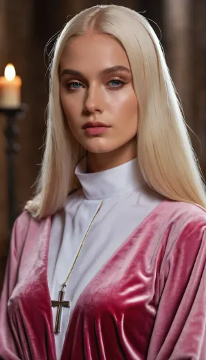 ((Angel woman in the charch)), 20 years old, perfect lighting, perfect skin, surreal, 8k resolution, super detailed, Instagram model, professional photography, egirl make-up, Sleek Straight blond nuns hairstyle, pink velvet, sexy hot exposed the nun's robe, Nordic, lifelike face, slim, slim body, athletic body, <lora:FF-Latex.ID-XL-011.bf16:.8>