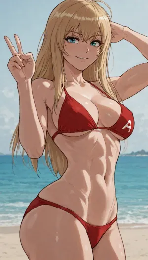 Score_9, score_8_up, score_7_up, ((40hara art style:1), (Yoracrab art style:1.8)), solo, masterpiece, (1woman), At beach, sea at background, ((front view:1)), Smirking american blonde, (peace with one hand, barely showing ass:1), straight long hair, mid parted hair, bright day, red bikini lineart, line, art, flat, colors, color, <lora:outline_xl_kohaku_delta_spv5x:1.2>, <lora:EnvyBeautyXL02:.4>, <lora:lineartSDXL:.9>
