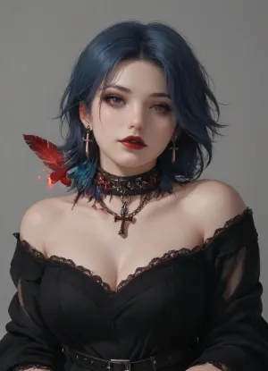 1girl, chubby, goth girlfriend, elegant black dress, off-shoulder, (((raven feather collar))), lace, belts, iron chains and crosses, earrings, blood magic jewelry, blue hair, seductive eyes, dark red lips, soft and tender, grey background, ((rpg portrait))