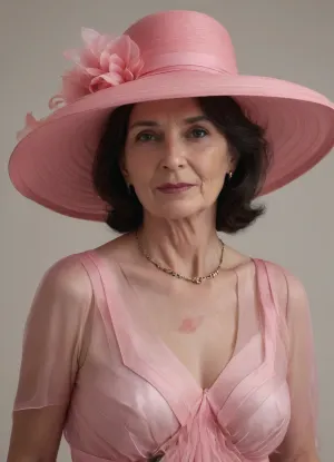 ultra detailed, ultra realistic, sunny floral field, extremely detailed background, (((swaying wavy pleated hypertransparent simple minimalist modern elegant confident pink sheer summer mini dress:1.9))), (((extremely detailed dress:1.9))), (((extremely aged extremely elderly 50-year-old grandma:1.9))), (((insanely saggy and wrinkle skin:1.9))), (((extremely transparent transcluent dress))), (((gigantic breasts))), slim, thin, skinny, extremely tempting erotica, (((dark hair:1.9))), insanely elegant huge royal floral hat, (face close-up)