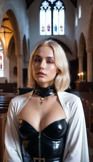 ((Angel woman in the charch)), 20 years old, perfect lighting, perfect skin, surreal, 8k resolution, super detailed, Instagram model, professional photography, egirl make-up, Sleek Straight short blond hair, pink latex, sexy hot exposed the nun's robe, Nordic, lifelike face, slim, slim body, athletic body, <lora:FF-Latex.ID-XL-011.bf16:.8>