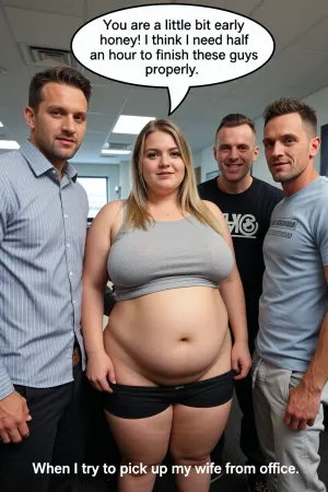 (((old, obese, ssbbw, fat woman))), ((3man standing beside here, she is jerking one of the mans dick)), woman weights over 400lbs, blonde, too tight belly free tank top, enormous big belly, lowered short yoga pants, huge cameltoe pussy lips, everyday life scene, in the office, super happy and proud, full gigantic flabby body, hyper huge fat woman, huge love handles, looking straight at the photographer, speech bubble, "You are a little bit early honey! I think I need half an hour to finish these guys properly.", caption over the whole wide at the bottom, "When I try to pick up my wife form office."
