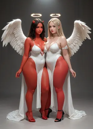 two bbw girls, angel and demon, pale skin angel, red skin demon, standing up tits