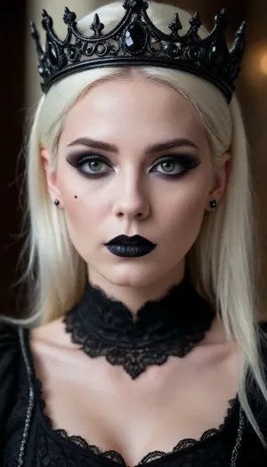 { "scene", { "type", "portrait", "framing", "close-up", "camera_angle", "eye level", "orientation", "vertical" }, "subject", { "gender_presentation", "androgynous", "hair", { "color", "black", "length", "long", "style", "straight" }, "expression", "serious, intense", "pose", "looking directly at the camera" }, "face", { "skin", "white face paint", "makeup", { "eyes", "black dramatic makeup extending downward like tears", "lips", "black lipstick", "gothic, theatrical" } }, "clothing", { "visible", "dark clothing" }, "accessories", { "crown", "ornate royal crown", "color", "dark metallic", "details", "decorated with black gemstones and intricate metalwork" } }, "environment", { "location", "interior", "background", "blurred throne-like chair", "lighting", "low-key cinematic lighting", "depth_of_field", "shallow" }, "color_palette", ["black", "white", "dark gray", "silver"], { "genre", "dark fantasy", "mood", ["mysterious", "ominous", "regal", "gothic"], "visual_style", "cinematic" }
}