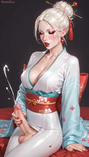 Beautifull futanari geisha cumming by masturbation, kimono, white makeup, red lipstick, hair in a tight bun, fflix-geisha, Android, geisha, <lora:Fflix-Geisha:.8>, <lora:Android geisha:.8>, <lora:cartoon_stickers_xl_v1:.9>, <lora:hentai_anime_style_xl_v1:.9>