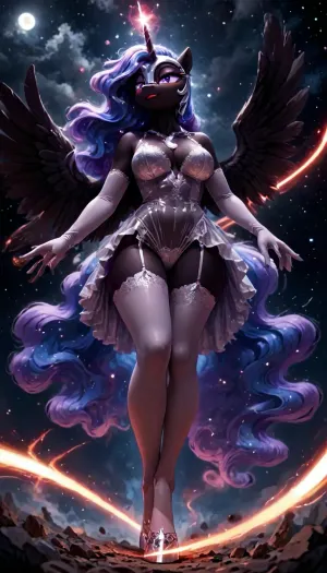 (nightmare moon), MILF, (((pony))), developing hair, half-closed eyes, eyes glow, horn glows with magic, makeup, alicorn, raised big wings, perfect tail, red painted lips, rosy cheeks, furry, anthro, hooves horse, hooves on the feet, Anfisa, in space, among the stars, long gloves, grey stockings, silver horseshoes, lace transparent swimsuit, garter straps, view from below, <lora:Pony_MLP_v1.8SDXL:.8>, <lora:Anfisa_Fox_Riot-XL:1.9>, <lora:LCMTurboMix_Euler_A_fix:.8>, <lora:princess_xl_v2:.8>