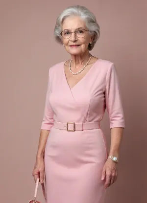 Bedroom, ultra detailed, ultra realistic, sunny floral field, extremely detailed background, (skin-tight elegant business formal simple minimalistic pale matte pink business dress:1.9), simple belt, extremely, detailed undecorated basic simple dress, (extremely aged extremely elderly 70-year-old grandma:1.9), slim, skinny, (transcluent dress:1.9), (brutally gigantic large breasts:1.9), thin, extremely tempting, (insanely elegant huge paleroyal violet floral large hat:1.3), (face close-up), amorous face, ultra lovely face, ideal body, boss flirting seducing