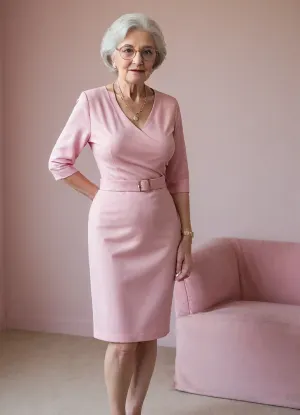 Bedroom, ultra detailed, ultra realistic, sunny floral field, extremely detailed background, (skin-tight elegant business formal simple minimalistic pale matte pink business dress:1.9), simple belt, extremely, detailed undecorated basic simple dress, (extremely aged extremely elderly 70-year-old grandma:1.9), slim, skinny, (transcluent dress:1.9), (brutally gigantic large breasts:1.9), thin, extremely tempting, (insanely elegant huge paleroyal violet floral large hat:1.3), (face close-up), amorous face, ultra lovely face, ideal body, (((boss flirting seducing:1.9)))