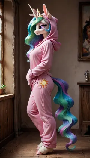 (Princess celestia), mlp, MILF, (((pony))), makeup, perfect tail, rosy cheeks, furry, anthro, hooves horse, hooves on the feet, Anfisa, Fluffy "Bunny" hooded pajamas, side view, <lora:Pony_MLP_v1.8SDXL:.8>, <lora:Anfisa_Fox_Riot-XL:1.9>, <lora:princess_xl_v2:.8>, <lora:LCMTurboMix_Euler_A_fix:.8>