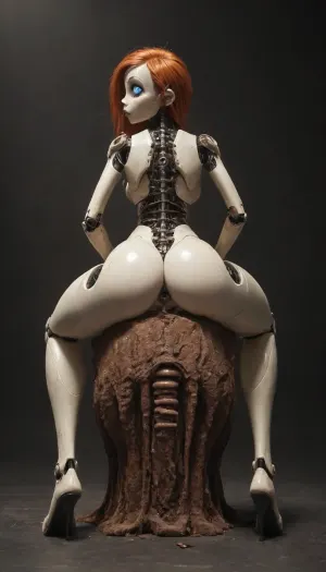 (Jack cayless art style), a woman robot, robot, not human, ginger, white plastic skin, with a big dark pussy, curved up, squatting, legs wide open, seen from below, full body image, robot is huge, imposing, strong, industrial strength, 1feet tall, robogirl, 1robogirl, cyborg style, blue eyes, mechanical parts, spine, android, cyborg, science fiction, high quality, high resolution, doggystyle, from, behind, human, on, anthro, feral, armless, amputee, legless, metal, arm, stump, cover, leg, white, frilled, lace, trimmed, wrapper, <lora:cyborg_style_xl-alpha:.8>, <lora:SDXL_Human_Male_Furry_Female:.8>, <lora:amputee-anxl31-000089:.8>
