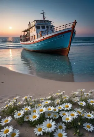 5000000010.34, A glass ship, a boat filled with daisies, on a beach in the moonlight, with bioluminescent blue water and blue sand in the background. The night sea is calm, as if it is an ocean reflecting light from above. Flowers are scattered in front of you, highlighting the beauty of the landscape. This scene creates a dreamy atmosphere that makes you feel relaxed and happy, with super-detailed and high-quality phone wallpapers