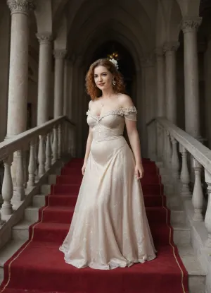 A 25 years old chubby woman with vibrant red hair and a flowing emerald wine red gown ascends a grand, ornate staircase.

The image depicts a breathtaking scene within a lavish interior, possibly a palace or a grand mansion. The focal point is a young woman with a cascade of fiery red, curly hair. She is wearing an off-the-shoulder, floor-length gown made of a rich, wine red velvet fabric that drapes and folds dramatically around her. Her expression is joyful and radiant, with a wide smile and eyes looking towards the viewer. She is adorned with delicate, sparkling earrings.

The woman is positioned on a wide, sweeping spiral staircase. The steps appear to be made of a light-colored stone, possibly marble, with subtle variations in tone and texture suggesting they are well-worn yet meticulously maintained. The staircase is bordered by an opulent, spiraling banister made of polished gold. The banister features intricate, scrolling metalwork with ornate patterns, adding to the overall sense of grandeur and luxury.

The composition is dynamic, with the camera angle looking down the staircase from above, emphasizing its elegant curve and the woman's ascent. The lighting appears to be soft and diffused, possibly from unseen windows or chandeliers, casting gentle shadows that highlight the textures of the fabrics and the architectural details. The background above the woman shows more of the staircase's structure, including decorative gold trim along the ceiling or wall, further enhancing the regal atmosphere.

The overall ambiance of the image is one of elegance, romance, and a touch of fairytale magic. The vibrant colors of the woman's hair and dress contrast beautifully with the neutral tones of the staircase and the warm metallic gleam of the gold railing. There is a sense of movement and life, conveyed by the flowing fabric of her gown and her lively expression, as if she is captured in a moment of pure delight., 