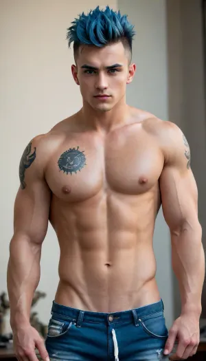 Sexy Gay Boy, Handsome, Beautiful, Sexy, Full Body, Perfect beautiful boy, Muscle hunk, big defined sixpack abs, big defined pecs, Young Male Guy, 20 years old, Deep blue hair, mohawk haircut, Perfect styled mohawk, handsome, art, by, mooncryptowow, <lora:WowifierXL-V2:.8>