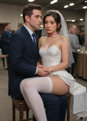 Portrait, (holding in hand photo couple bride and groom), brunette pixie haircut, 1woman, tanned, beauty Asian young face, (blushed face:1.7), wedding dress lift, BDSM spikes collar, leash. Fully dressed men before her and grope her pussy, woman sitting on groom knees on chair, 1men their faces are hugging her waist, (hairy crotch:1.3), her legs wide apart, white thighhighs, thighhighs reach high up, crotch totally exposed, braided hair, broad hips, hips widest over trochanters, many crowd, (side view)