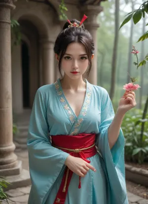 A beautiful Wuxia female sword warrior standing in an ancient Chinese bamboo forest surrounded by soft mist. She wears an elegant flowing white and turquoise silk robe with subtle red accents, long wide sleeves, delicate embroidery, and a traditional ornate belt. Her long black hair is styled in an elegant traditional updo with decorative hairpins. She holds a slender Chinese Jian sword in one hand.

She stands gracefully on a moss-covered stone near a small waterfall, surrounded by bamboo, ancient temple ruins, drifting flower petals, and a calm mystical atmosphere. Her silk garments and hair ribbons move gently in the wind. Her expression is calm, confident, and noble, like a legendary heroine from a classic Wuxia film.

Realistic cinematic movie still, ultra realistic, natural human face, highly detailed fabric textures, realistic silk, authentic Chinese historical fantasy atmosphere, elegant martial arts pose, dramatic lighting, shallow depth of field, epic film scene, 8k cinematic photography.