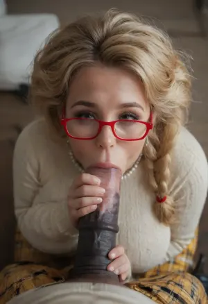 Irish milf, pov blowjob, deepthroat, penis deep in her mouth, sucking hard, holding penis, red glasses, blonde braided hair, cute, happy, beige sweater, yellow plaid skirt, late breasts, chubby, super big hair, ((black equine penis, grey pantyhose, black heels, pearl necklace)), side view