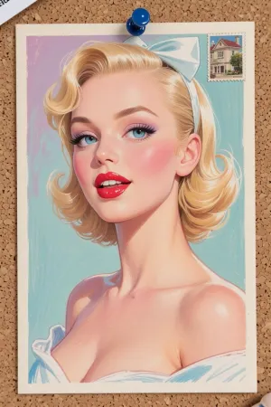 (greasepen art, grease pen on canvass, grease pen painting), , (postcard pinned to a corkboard with a single tack, postcard art, old postcard), , (1960's style pinup housewife, bombshell babe, pinup girl, 1960's style poster, pastel colors), , (huge doe eyes, pale blue eyes:4), , (vivid cherry red lipstick, soft blush, soft flirty smle), , (blonde hair, glamorous retro styled hair), , (oversaturated, smudged colors:2), , (risque, sideboob)