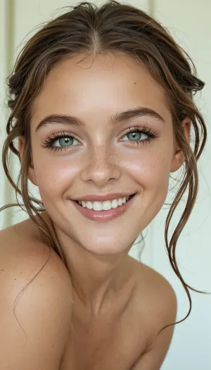 A photorealistic close-up portrait of a young woman in her mid-to-late 20s with fair, smooth, lightly tanned skin that has a natural warm glow and subtle sheen. Heart-shaped face with high, softly rounded cheekbones, a gently tapered jawline, and a small pointed chin. Smooth, moderately high forehead.
Large, expressive almond-shaped light hazel/greenish-gray eyes with long thick dark eyelashes, well-defined medium-dark brown arched eyebrows, soft eyelid crease, and fine laugh lines at the outer corners from her wide smile. Straight refined nose with a soft rounded tip and narrow bridge. Full plump glossy medium-pink/rose lips with a defined cupid’s bow, stretched wide in a bright genuine open-mouthed smile revealing straight, very white even teeth, light dimples at the corners of her mouth.
Shoulder-length straight-to-slightly-wavy dark brown hair with warm chestnut undertones, parted slightly off-center, falling softly around her face with healthy shine and natural volume. A few loose strands catch the light near her temples and cheeks.
Joyful, warm, confident expression — big toothy smile with raised cheeks and bright engaged eyes looking slightly off-camera to the viewer’s left. Soft warm indoor lighting from the front-left creating gentle highlights on her forehead, nose bridge, cheekbones, and nose tip, with soft shadows under the chin and along the right side of her face. Pure solid black background. Tightly cropped head-and-shoulders framing with slightly irregular hair and shoulder outline against the black.Shot on a full-frame camera with an 85mm f/1.4 prime portrait lens at f/2.0, ISO 400, 1/160s shutter speed, focused critically on the eyes, delivering creamy shallow depth of field, natural facial proportions, subtle skin texture with visible pores, and soft creamy bokeh. High-resolution, sharp detail on the eyes, teeth, and lips, photorealistic cinematic close-up portrait.