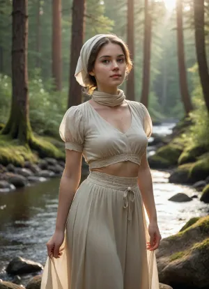 masterpiece, best quality, ultra detailed, photorealistic, RAW photo, 8k, DSLR, cinematic lighting, a beautiful young woman standing on the rocky bank of a forest river during a misty morning, soft golden sunrise light filtering through tall pine trees, atmospheric fog drifting above the water, moss-covered rocks, lush green vegetation, shallow flowing river, tranquil woodland scenery, wearing a cream peasant crop translucent blouse, short puff sleeves, long flowing translucent beige skirt with gathered waistband, white linen headscarf, standing in a graceful contrapposto pose, body turned about 45 degrees to the left, torso slightly twisted toward the camera, weight resting on one leg, relaxed feminine S-curve silhouette, shoulders relaxed, back straight, abdomen elongated, left hip subtly pushed outward, head turned to the left and slightly upward, looking into the distance, chin gently raised, calm thoughtful expression, left hand gently holding the edge of the headscarf beside the head, right arm hanging naturally alongside the body with relaxed fingers, natural skin texture, detailed eyes, realistic fabric folds, subtle freckles, loose brown hair visible beneath the scarf, shallow depth of field, volumetric sun rays, soft rim light, cinematic composition, highly detailed forest background