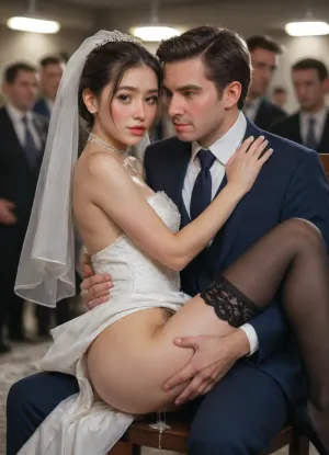 Portrait, holding photo couple bride and groom, brunette pixie haircut, 1woman, tanned, beauty Asian young face, (blushed face:1.6), wedding dress lift, BDSM spikes collar, leash. Fully dressed men before her and grope her pussy, woman sitting on metal chair, 1men their faces are hugging her waist, (hairy crotch:1.3), her legs wide apart, black thighhighs, thighhighs reach high up, crotch totally exposed, braided hair, broad hips, hips widest over trochanters, many crowd, bdsm basement, (used condoms around), (lots of cum drips from pussy), (side view)