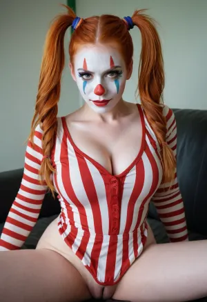 Sex with the crazy coworker. Ginger hair beautiful girl 26 years old clown girl with big breasts, wearing a pulled-up dress without any underwear, naturally anxious woman, laying on her back with spread legs, no panties, long striped socks, clown makeup, skinny, white face paint, detailed vagina, unkempt ginger pubic hair, looking at the viewer, back long high twin multi-colored ponytails, excited, aroused, tack sharp, 4k, dslr
