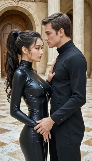 1 guy, 1 girl, guy is caucasian and girl is Korean, guy is handsome and elegant, girl has straight long black hair with a ponytail, girl is tall and slim, guy is a little bit taller than the girl, girl wears a catsuit, guy and girl are beautiful, girl has beautiful brown eyes, girl has beautiful face, guy and girl have perfect hands and perfect fingers, girl has beautiful manicure, scenery is a museum in an italian palace, girl puts her head and hands on guy's chest, guy holds girl in his arms.