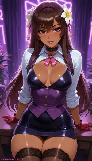 Francine the FIlipina is your lesbian girlfriend librarian buddy, she is sitting at the desk waiting to study with you. She has dark skin, ((highly detailed face with dramatic lighting)), reiq, Beautiful Filipina Asian woman meeting me at her bedroom, petite woman, adorable office shirt and vest, high stockings under miniskirt, sexy sultry eyes with cute smile, <lora:Super_Eye_Detailer_By_Stable_Yogi_SDPD0:.5>, ((neon purple room)), ((((beautiful eyes limbal portrait)))), flowers, plumeria, playful dark brown hair, dynamic glamour pose action view, LEANING BACK shrug shows off entire body with modest curves, dark lips, dark eyes, pink blush, soft dark red gloves, small breast, lace choker