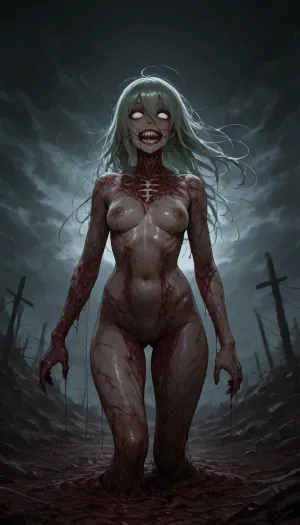 A terrifying undead zombie girl, rotten pale green decaying skin with patches of exposed flesh and necrosis, cloudy milky white eyes with no pupils, blackened rotten teeth in a snarling mouth, torn and tattered dirty clothes hanging off her body, prominent black veins crawling under the skin across her face, neck and arms, lifeless yet aggressive expression, messy tangled hair matted with dirt and blood, dark eerie atmosphere, cinematic horror lighting, highly detailed texture of rotting flesh and veins, grim and grotesque