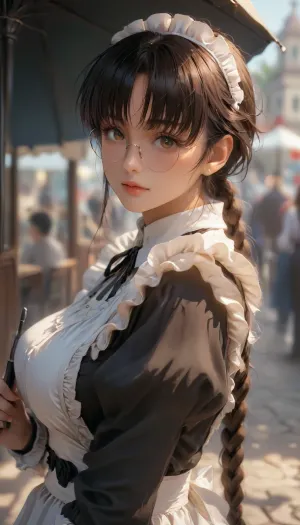 (((Roberta from Black Lagoon))), colombian woman, (maid dress), (black frilly dress with long sleeves and a white apron at bottom), (tanned skin), (black hair), (long braided ponytail), (straight bangs:1.5), brown eyes, aloof, (murderous vibes), large round glasses, ((curvy body)), large breasts, looking at viewer, ((holding a black umbrella)), (in a modern city, at Night, back alleys), (((half body view))), view from side, (focus on face), skin details, <lora:Midjourney Image Enhancer XL v1:.6>, <lora:SDXLHighDetail_v6-000005:.4>, <lora:attractive_notrigger:.6>, <lora:futureistic_fantasy_anime_sdxl_v1:.8>, <lora:CuteLora:.5>