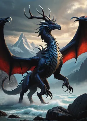 A etheral Dragon, completly Red and black feathers instead of scales, DARK Blue eyes, a fine Mist Waves around him, Long Grey antlers, almost Like from a deer, He has giant claws in His forearms, He spreads His black leatherly Wings, and shrouds the Landscape in darkness, d&d, fantasy, highly detailed, digital painting, artstation, sharp focus, fantasy art, illustration, 8k, in the style of greg rutkowski. It's an absolute world-class masterpiece artwork. It's an aesthetically pleasing artwork with impeccable attention to detail and impressive composition.