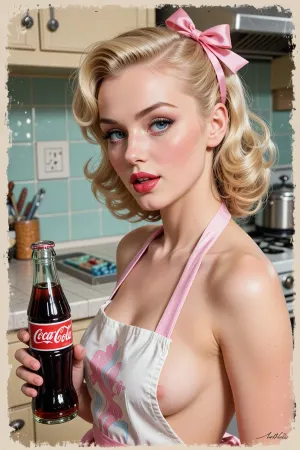 (greasepen art, grease pen on canvass, grease pen painting:8), (advertising poster, vintage poster), (1960's style pinup, bombshell babe, pinup girl, 1960's style poster, 1960's era home decor, pastel colors), (large doe eyes, foxy blue eyes, cherry red lipstick, soft blush), (blonde hair, glamorous retro styled hair, pink ribbon in hair), (kitchen scene, standing pose, holding a bottle of coca cola), (oversaturated, smudged colors:2), (wearing a retro 1960's style apron), (pale breasts, soft breasts)