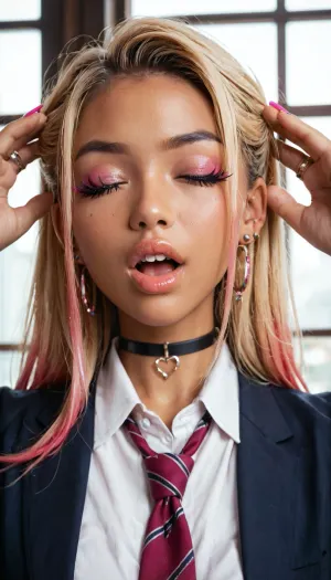 kitagawa_marin, 1girl, jewelry, solo, closed_eyes, blonde_hair, choker, open_mouth, piercing, earrings, ring, ear_piercing, pink_nails, black_choker, long_hair, shirt, blush, teeth, facing_viewer, gradient_hair, nail_polish, collared_shirt, multicolored_hair, necktie, white_shirt, close-up, fingernails, window_background, portrait, makeup, simple_background, eyelashes, barbell_piercing, school_uniform, fake_nails, gyaru, hands touching head