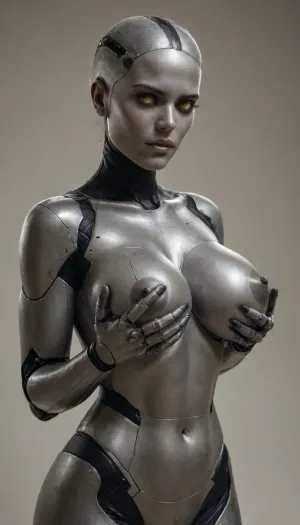 Bionic woman, full robot, fake breasts, metal breasts, iron body, iron nipples, iron face, iron belly, full iron, holding breasts, annoyed yellow eyes