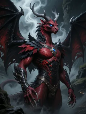A etheral Dragon, completly Red and black feathers instead of scales, DARK Blue eyes, a fine Mist Waves around him, Long Grey antlers, almost Like from a deer, He has giant claws in His forearms, He spreads His black leatherly Wings, and shrouds the Landscape in darkness, d&d, fantasy, highly detailed, digital painting, artstation, sharp focus, fantasy art, illustration, 8k, in the style of greg rutkowski. It's an absolute world-class masterpiece artwork. It's an aesthetically pleasing artwork with impeccable attention to detail and impressive composition.