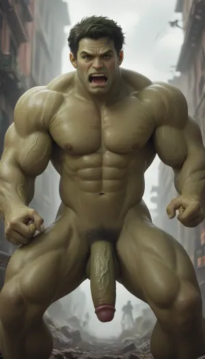 Marvel, MCU movie, The incredible hulk, (hulk:2), angry, rage, giant hulk, bulking muscle, extremely strong, green skin, crazy strong, naked, nude, ripped, very strong penis, limp dick, lame cock
