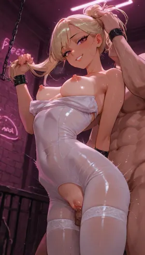 (fancy hotel penthouse balcony at night background), neon lights wall, naked spanish woman 18 yo, sex bomb girl, Maskulin Spanish man, transparent, sexy white slut bodystocking, low waist white cotton stockings, full body standing, legs long, The girl looks at the viewer, (slightly transparent:.8), (Her upper body leans forward at a 45 degree angle towards the viewer), long silky smooth hair blonde hair, (perfect size smaller, small breasts), pointed perky breasts, thin waist micro and unnatural small, body skinny, (blonde hair, hair tied in a high ponytail), 8K, UHD, beautiful pussy lips under the dress, looking at the viewer, extremely sexy and beautiful, sexual desire overwhelms her, beckons with her body, perfect happy smile, (long eyelashes, eyeliner), standing sex from behind, deep vaginal sex, firm breasts, slim body, narrow waist, deep tanned skin, ((bondage with intense vaginal penetration:1.5)), arched back, man standing behind her, man fucking her pussy, (((man pulling her hair))), (((sex))), vaginal penetration, ((pussy sex)), girl closed, humiliated, visible sex, (exposed pointed breasts:1.6), metal chains hanging from the ceiling, arms straight up, wrists chained above head, wrists chained to ceiling, full body shot, standing, legs spread wide, ankles chained to floor, (The girl's face and the man's face are always perfectly beautiful and in extraordinary 8k detail), it is important to properly develop and detail the faces