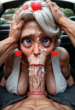 Gilf, ((In the back seat of a car, a mature white granny is enjoying doing a deepthroat)), sagging breasts, fat cock, (Little hearts around the head:1.1), (big eyes:1.1), (deepthroath:1.2), facial cum, hand pushing on head, passionate, pov
