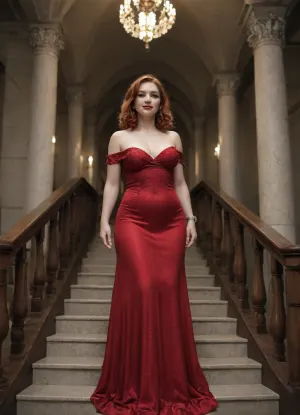 A 25 years old chubby woman with vibrant red hair and a flowing emerald wine red gown ascends a grand, ornate staircase.

The image depicts a breathtaking scene within a lavish interior, possibly a palace or a grand mansion. The focal point is a young woman with a cascade of fiery red, curly hair. She is wearing an off-the-shoulder, floor-length gown made of a rich, wine red velvet fabric that drapes and folds dramatically around her. Her expression is joyful and radiant, with a wide smile and eyes looking towards the viewer. She is adorned with delicate, sparkling earrings.

The woman is positioned on a wide, sweeping spiral staircase. The steps appear to be made of a light-colored stone, possibly marble, with subtle variations in tone and texture suggesting they are well-worn yet meticulously maintained. The staircase is bordered by an opulent, spiraling banister made of polished gold. The banister features intricate, scrolling metalwork with ornate patterns, adding to the overall sense of grandeur and luxury.

The composition is dynamic, with the camera angle looking down the staircase from above, emphasizing its elegant curve and the woman's ascent. The lighting appears to be soft and diffused, possibly from unseen windows or chandeliers, casting gentle shadows that highlight the textures of the fabrics and the architectural details. The background above the woman shows more of the staircase's structure, including decorative gold trim along the ceiling or wall, further enhancing the regal atmosphere.

The overall ambiance of the image is one of elegance, romance, and a touch of fairytale magic. The vibrant colors of the woman's hair and dress contrast beautifully with the neutral tones of the staircase and the warm metallic gleam of the gold railing. There is a sense of movement and life, conveyed by the flowing fabric of her gown and her lively expression, as if she is captured in a moment of pure delight., 