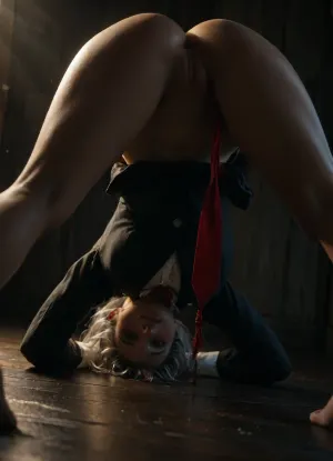 adult girl with long silver hair and red eyes performing the Jack-O challenge pose. She is leaning forward with her head down near the floor, looking back at the camera upside down with a blush. Her hips are high in the air, legs straight. She is wearing a Japanese uniform, a black blazer, red tie, puffy pussy, Bright lighting, dynamic angle from behind, highly detailed., futuristic-fantasy-anime, <lora:futureistic_fantasy_anime_sdxl_v1:.4>, <lora:attractive_notrigger:.2>, <lora:dark:.2>, <lora:MJ52:.2>