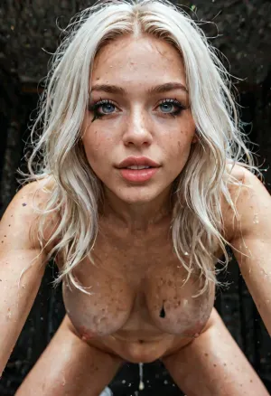 POV Cowgirl
Cumshot
Stomach Bulge
Bottom Up
Gigantic
18+
long straight bright white hair, messy hair, long bangs across her face, heavy black mascara, crazy eyes, wild yandere expression with one eye wider open, realistic skin with some blemishes, blurred bright outdoor background, dark black paint splattered across her body, looking at viewer, fully nude, saggy breasts, exposed breasts and nipples, harsh lighting with bright light innie pussy, normal pale skin color
